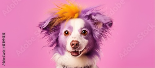 Border collie dog with a playful lilac wig isolated on yellow Amusing puppy in pink wig at a festive event Pet in a muzzle showing emotions Idea of grooming and hairdressing photo