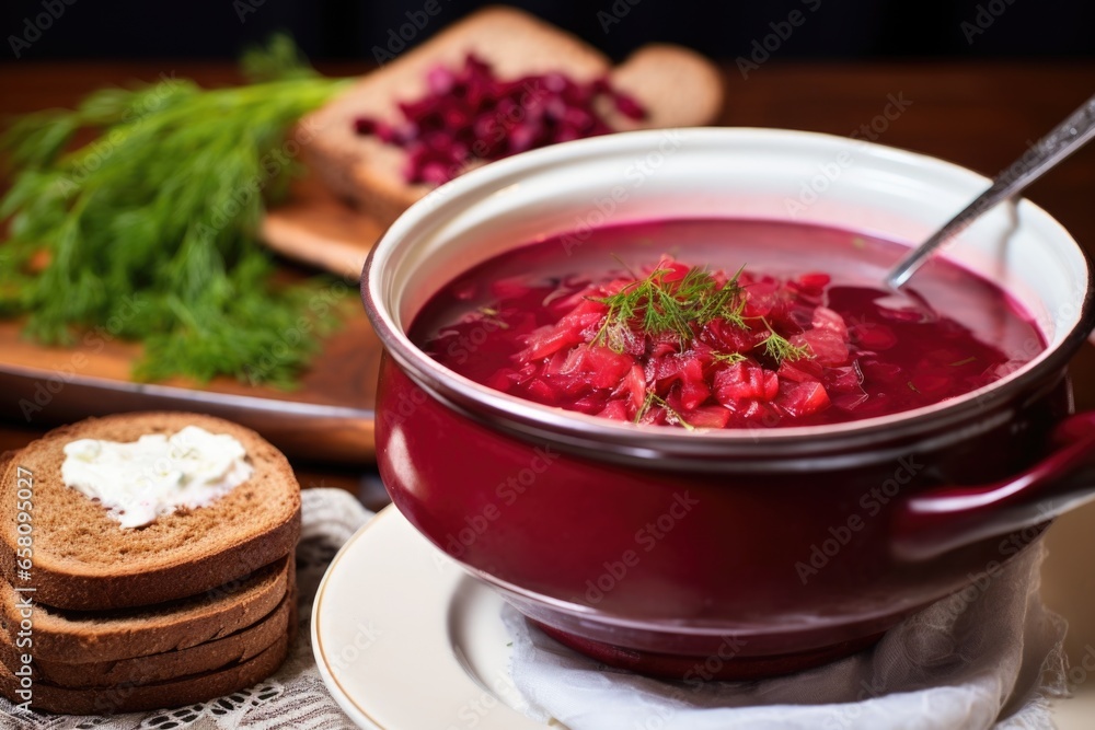 steaming borscht soup with a slice of rye bread steaming borscht soup with a slice of rye bread