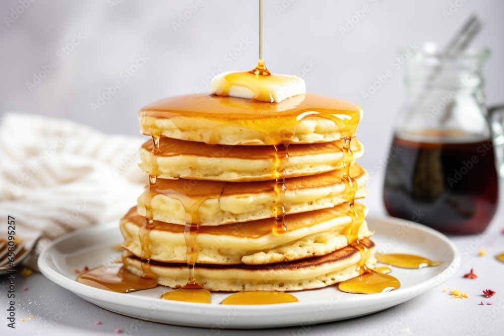 a stack of fluffy pancakes with maple syrup drizzle - obrazy, fototapety, plakaty 