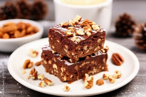 nut-topped brownies on a white ceramic dish