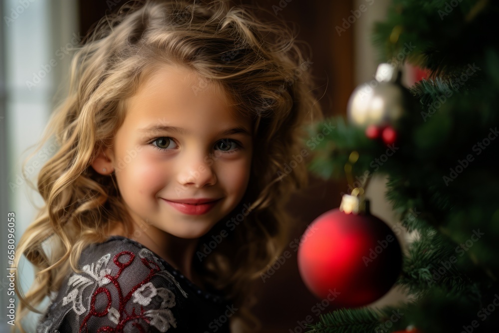 Portrait of a beautiful little girl on the background of the Christmas tree Portrait of a beautiful little girl on the background of the Christmas tree