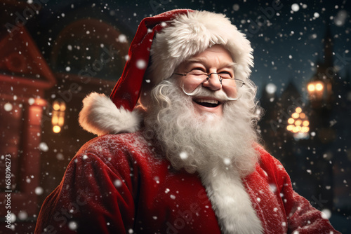 A cheerful Santa Claus with a bright red suit, a fluffy white beard, and a big smile, spreading holiday joy and making dreams come true