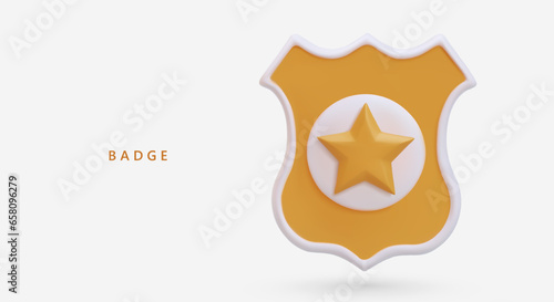 Badge, patch, chevron. Color badge with five pointed star. Mark for law enforcement agency. Law and order. Horizontal vector concept. Realistic yellow illustration with shadow