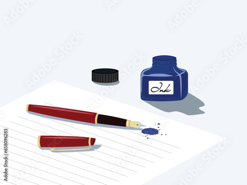 An inkwell and a fountain pen and ink drops on paper. Colored illustration flat vector. Office supplies, school supplies. Back to school concept. Writting instruments.