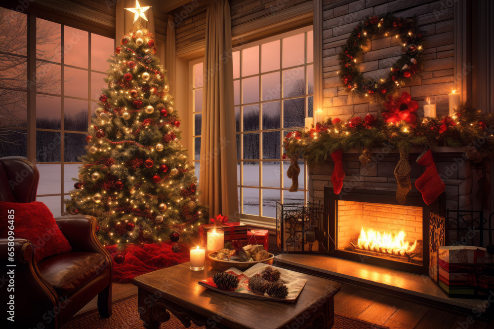A cozy living room adorned with festive decorations, a crackling fireplace, and a beautifully decorated Christmas tree, creating a warm and inviting atmosphere for a joyful holiday celebration