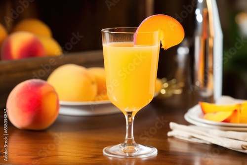 bellini cocktail with peach slices on a bar