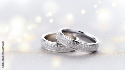 Wedding rings on a white background with sparkles and stars