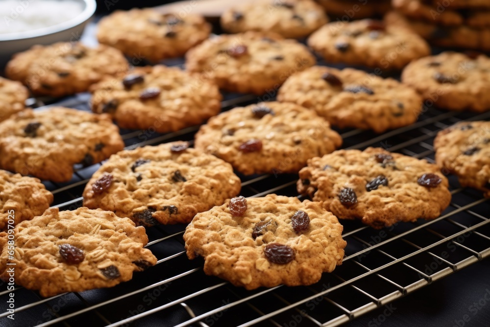 rows of fresh-baked oatmeal raisin cookies cooling on rack