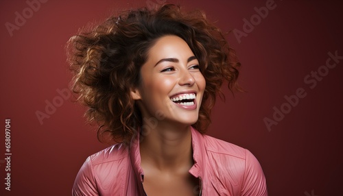 Woman laughing. Happy brunette woman with curly hair laughing. Studio photo of a woman in red top top in front of a red background having fun and smiling. Studio photography