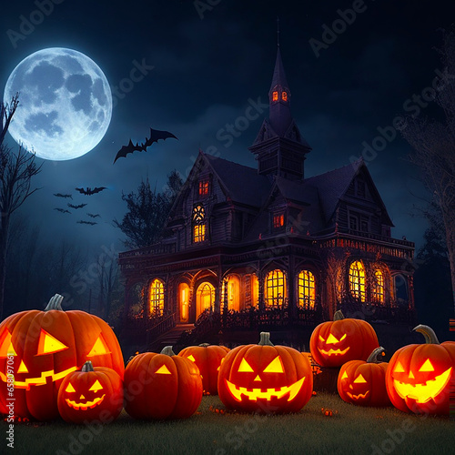 Halloween background with pumpkins and haunted house