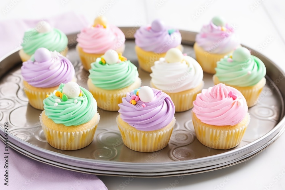 a dozen pastel-iced easter cupcakes on a metal tray