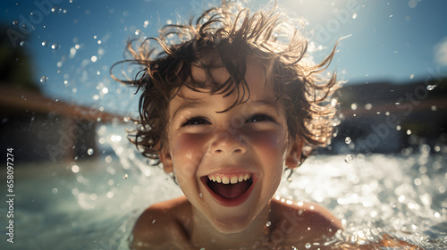 Joyful Young Boy Splashing Water in a Swimming Pool
