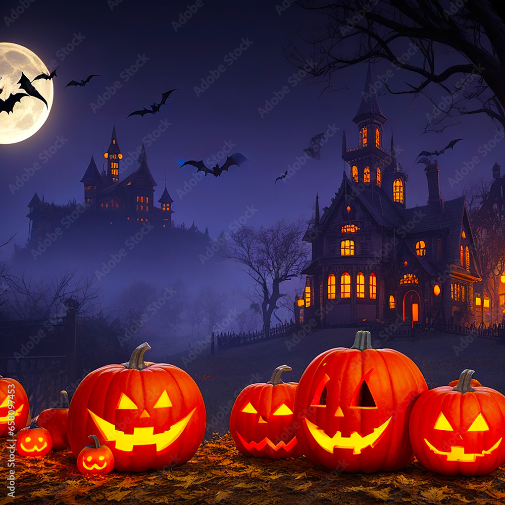 Halloween background with pumpkins and haunted house