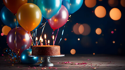 birthday party balloons, colourful balloons background and birthday cake with candles