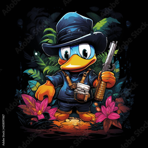 2D abstract feather graffiti duck wearing pirates uniforms surrounder by colorful trophical plants photo