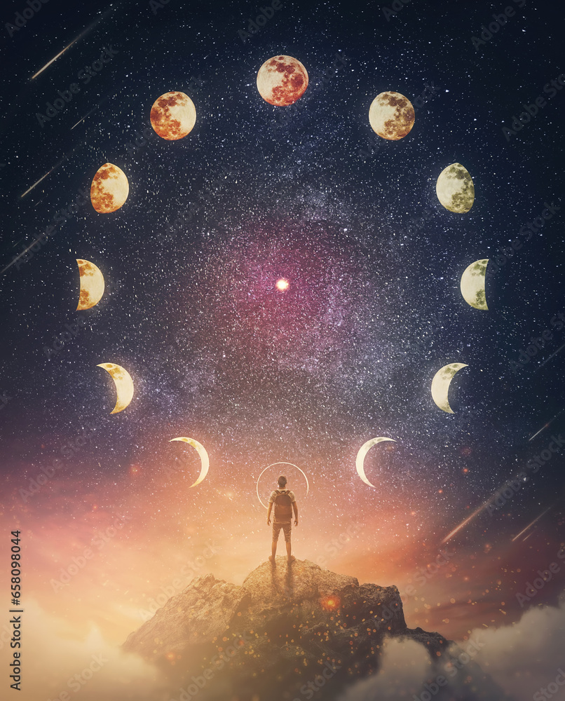 Lunar eclipse and moon phases circle on the night sky and a curious person watching the mysterious phenomena. Astrological signs annual calendar, conceptual scene - obrazy, fototapety, plakaty 