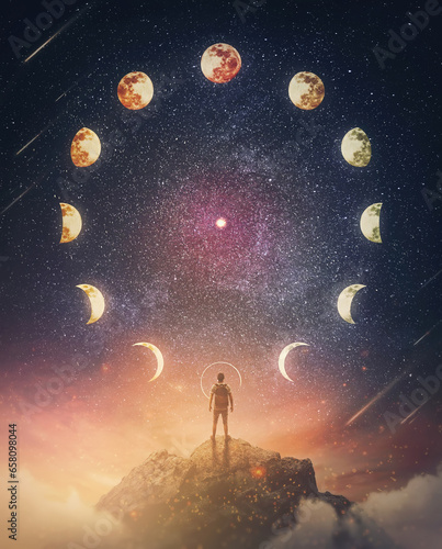 Lunar eclipse and moon phases circle on the night sky and a curious person watching the mysterious phenomena. Astrological signs annual calendar, conceptual scene