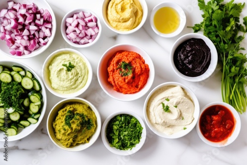 toppings for falafel sandwiches spread out on a white table