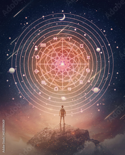 Marvelous scene with a person on the top of a mountain watching the astrological wheel projection on the starry night sky. Zodiac signs, magical horoscope symbols