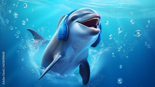 Dolphin with Headphones and Water Splashes on Blue Ocean Background. Generative ai