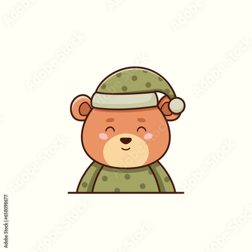 Cute sleepy brown bear in pink pajama and night cap in cartoon style. Vector flat illustration