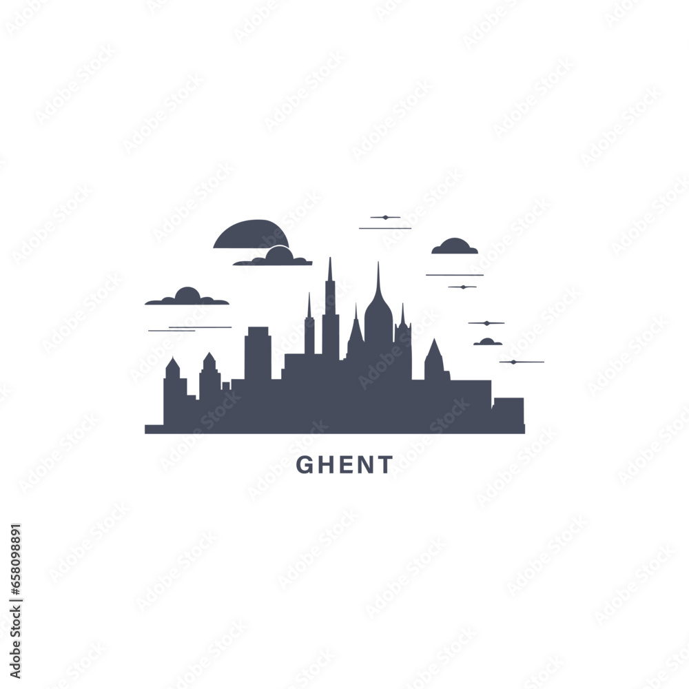 Ghent Belgium cityscape skyline city panorama vector flat modern logo icon. Flanders region emblem idea with landmarks and building silhouettes. Isolated graphic