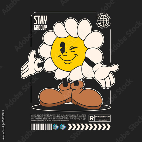 cute of daisy flower retro character streetwear design 90s design illustration
