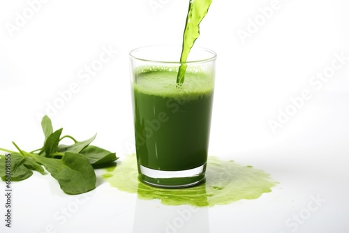 green juice spilling from a glass on a white background