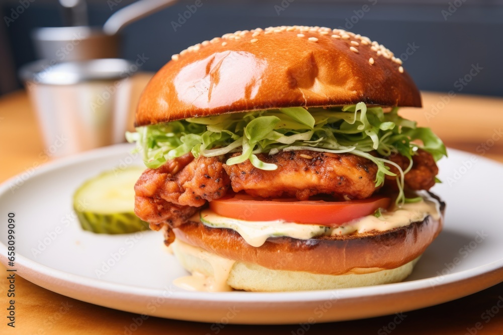 close-up view of a fried chicken burger on a plate close-up view of a fried chicken burger on a plate