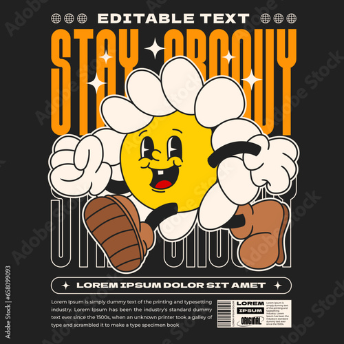 editable text vintage streetwear daisy flower groovy character 90s