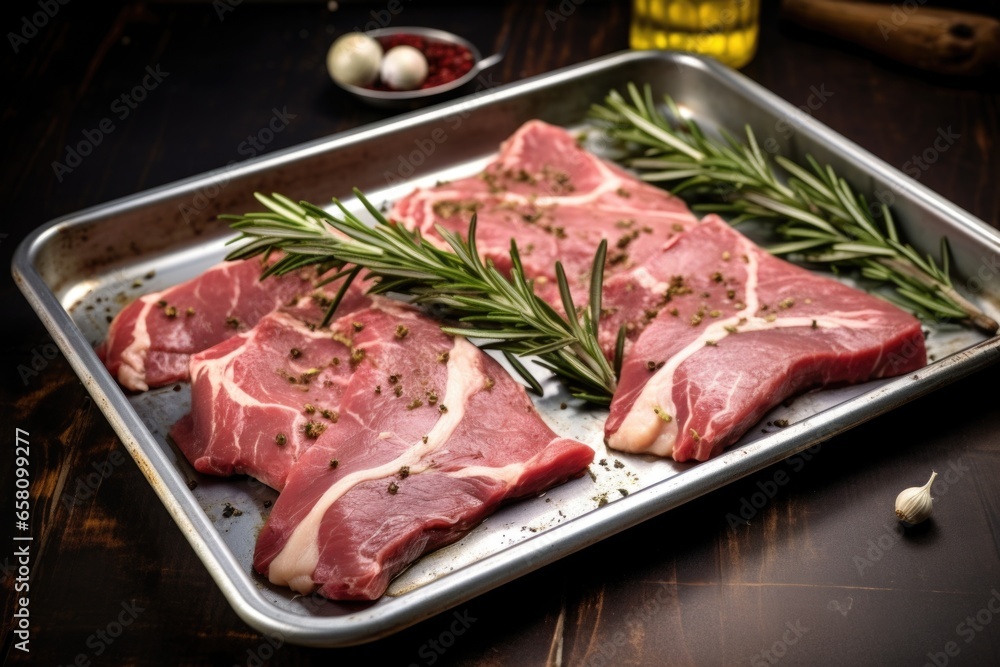 boneless lamb meat smeared with garlic and rosemary on a metal tray