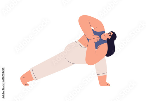Woman in Revolved Lunge Pose, stretching yoga asana, pose. Girl exercising in Parivritta Anjaneyasana position, posture. Flexibility zen workout. Flat vector illustration isolated on white background