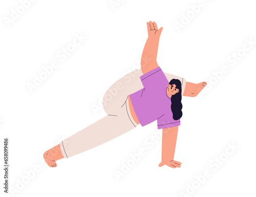 Girl in Destroyer of Universe pose. Woman exercising in twisting yoga asana, ...