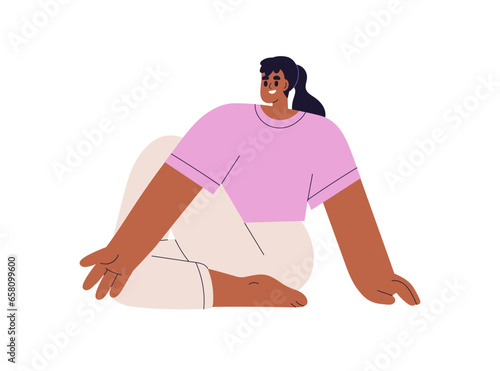 Girl in twisting yoga asana. Happy woman stretching, exercising in Half Lord of the Fishes pose, seated posture. Young flexible female exercising. Flat vector illustration isolated on white background