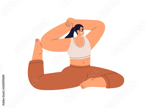 Girl sitting in King Pigeon Pose, yoga asana. Happy young woman stretching in...