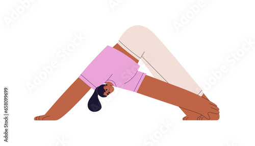 Girl in Pyramid Pose, hard yoga posture. Woman exercising, stretching body in advanced Parsvottanasana asana, position. Flexible person training. Flat vector illustration isolated on white background photo