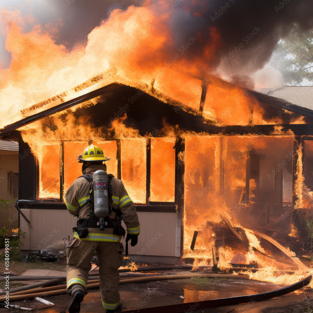 fireman fights fire burning down a home.