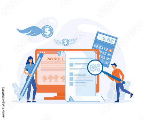 Male and female characters working on payroll administrative. Man and woman use pencil and magnifier to examine payroll check, flat vector modern illustration