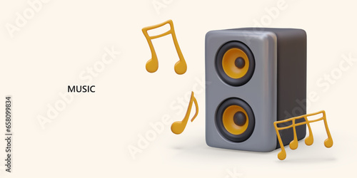 Poster for musical store. Music player and sound amplification device. 3d realistic sound amplifier in rectangular shape and different notes. Vector illustration with white background