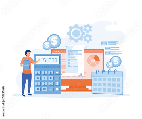 Payroll money statement and work salary payment, Financial wage calculation and job checkout analysis, flat vector modern illustration