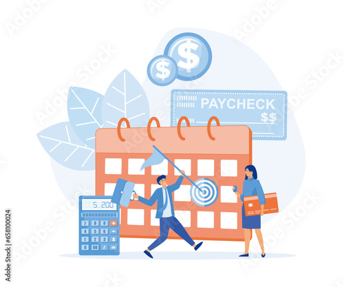 Calendar with payday, calculator and tiny business people getting a paycheck, payroll software concept, flat vector modern illustration