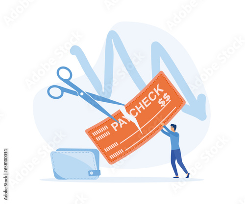 Economy crisis concept. boss cutting staff employee pay, salary,  flat vector modern illustration  