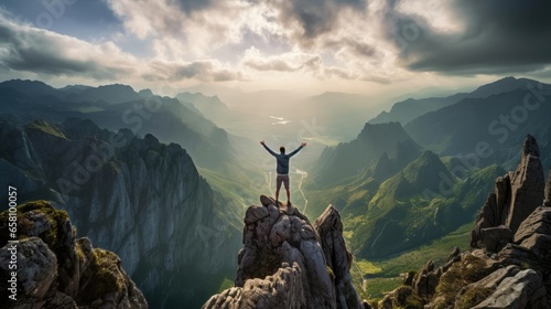 Man on the mountain standing with his hands up