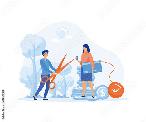 Debt burden concept, Man with scissors cuts chain of young girl with card. Financial illiteracy and debt, bankruptcy and mortgage. flat vector modern illustration