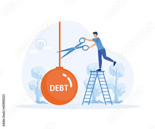 Cutting debt, businessman's hand holding scissors to cut debt,  Financial illiteracy and debt, bankruptcy and mortgage. flat vector modern illustration  