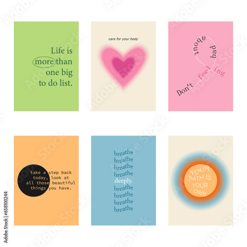 Set of positive social media quotes, motivation posters on trendy abstract background in neutral colors.