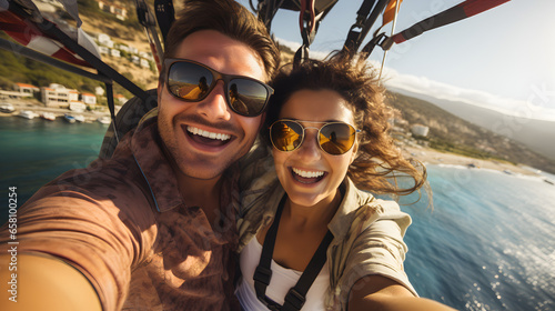 Young Couple Enjoying Parasailing and Taking a Selfie photo