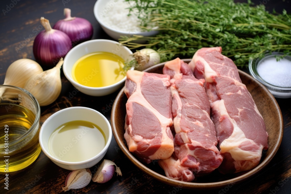 ingredients for honey mustard pork chops arranged on a table ingredients for honey mustard pork chops arranged on a table