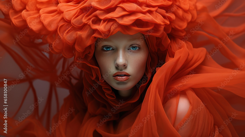 portrait mode d'un modèle avec une tenue excentrique orange rouge composée de chapeau et foulards - obrazy, fototapety, plakaty 
