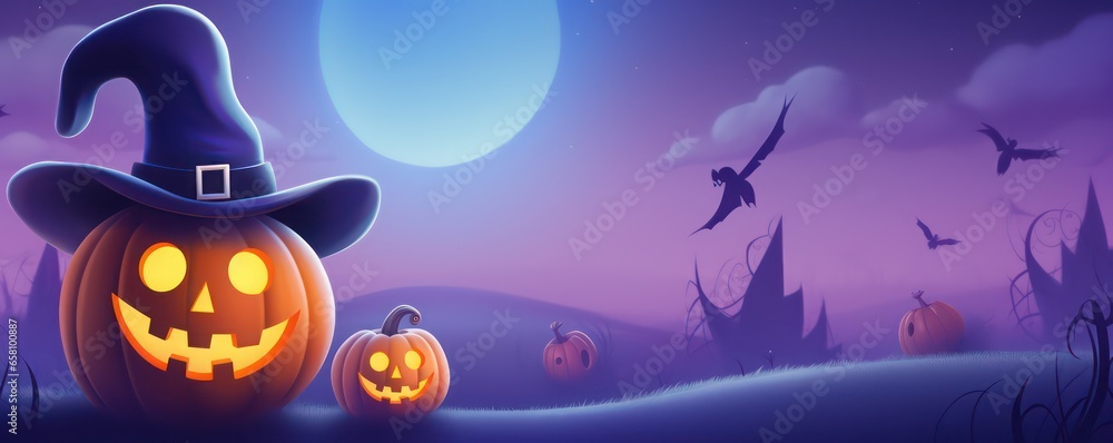 Halloween night moon background with copy space for text, pumpkins, moon, greeting, wishes, hat, horizontal banner for halloween background
